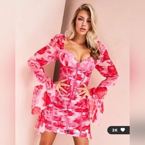 ASOS LUXE corset long sleeve mini dress in pink floral